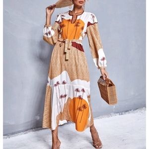 Boho Tropical Print Striped Belted High Waist Maxi Dress